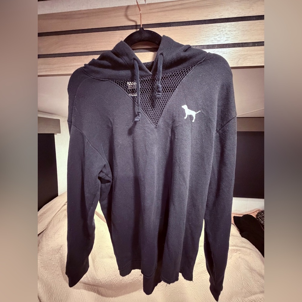 PINK Victoria's Secret Black Mesh V-Inset Hooded Sweater